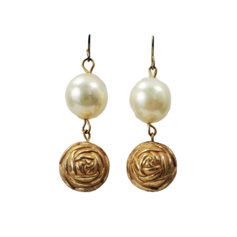 Vintage Drop Off White Round Faux Pearl Earrings Rose Beads